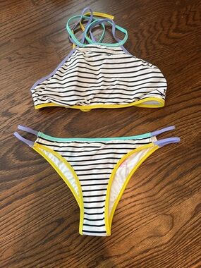 Victoria's Secret Black & White Striped Bikini with Yellow, Mint & Lavender Trim